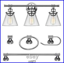 Parker 3-Light Chrome Vanity Light With Clear Glass Shades and Bath Set 5-Piece