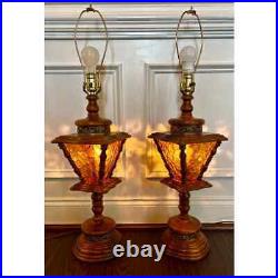 Set of 2 Vintage Wood & Amber Glass Street Post Lamps 3 mode lighting