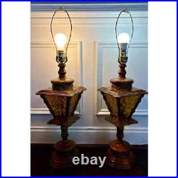 Set of 2 Vintage Wood & Amber Glass Street Post Lamps 3 mode lighting